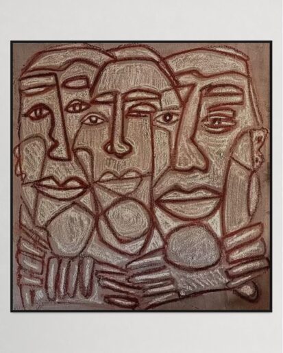 large painting by timothy van oorschot showing people holding eachother